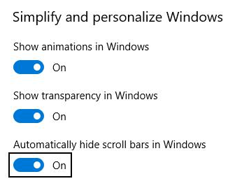 Windows 10 preference pane with Automatically hide scroll bars in Windows checked